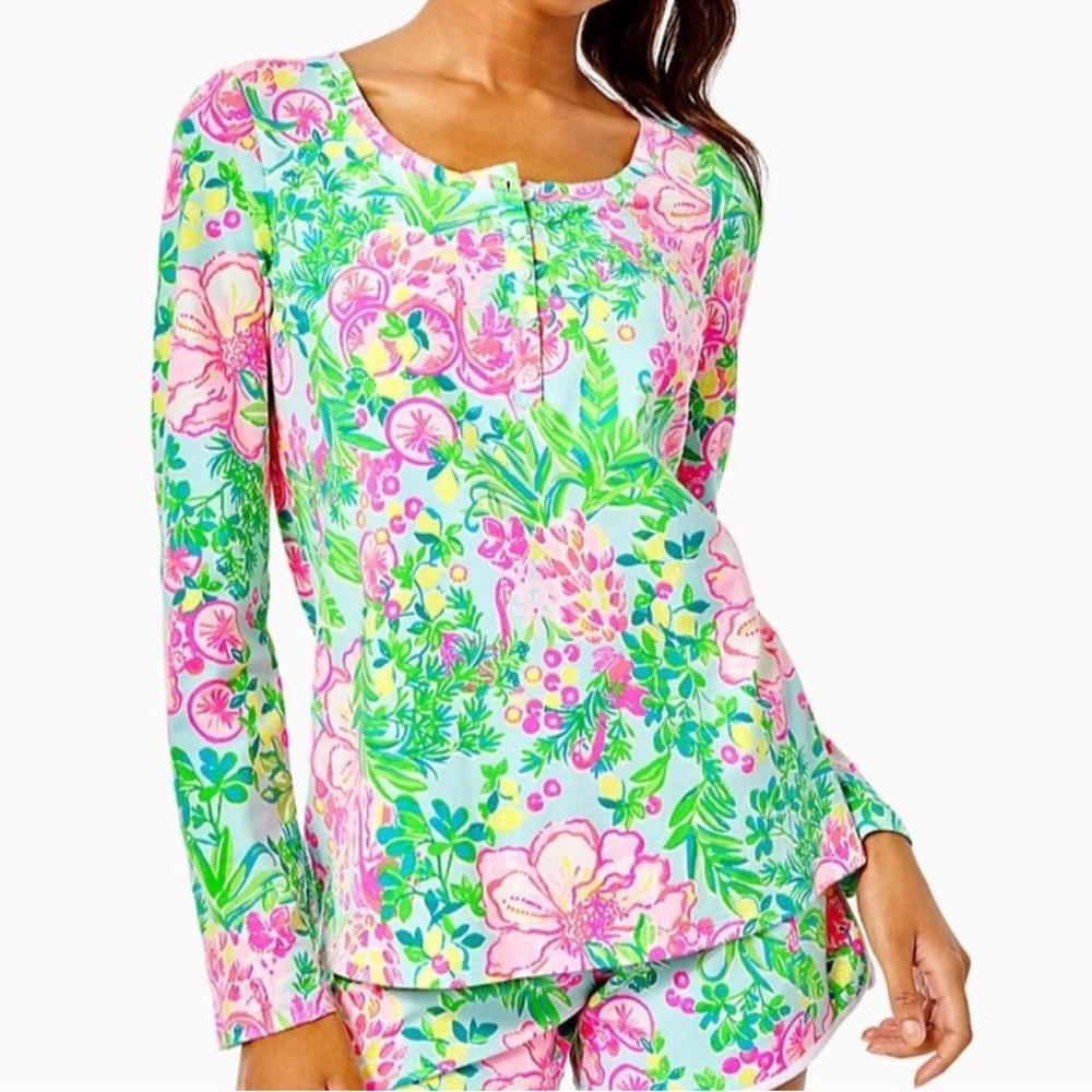 EUC Lilly Pulitzer long sleeve Henley style shirt in bright floral print.